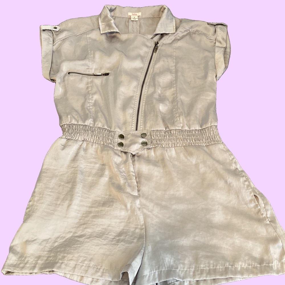 Vintage Lola Utility Romper Gray Zip Front Cinched Waist Y2K Style - Size Medium